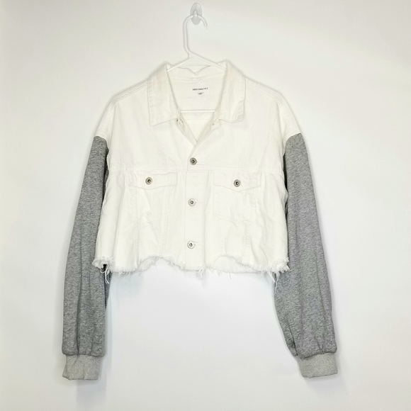 Dance & Marvel White Gray Raw Hem Crop Distressed Convertible Denim  Jacket, M - Picture 5 of 10